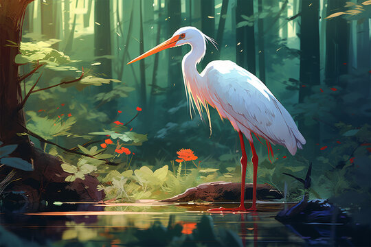 painting style landscape background, a stork in the forest
