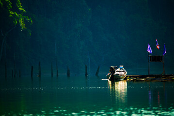 Khao Sok National Park with longtail boat for travelers, Cheow Lan lake, Ratchaphapha dam, Travel nature in Thailand, Beautiful destination place Asia, Summer outdoor vacation travel trip