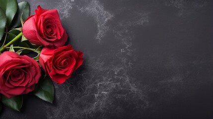 Two red roses on a dark, black stone background. Place for text
