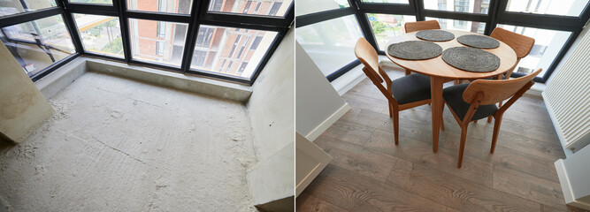Comparison of old empty room and new renovated place with kitchen table, chairs, parquet floor and plastic window. Photo collage of modern apartment before and after renovation. - obrazy, fototapety, plakaty