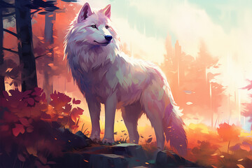 painting style landscape background, a wolf in the forest - obrazy, fototapety, plakaty