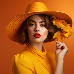 Beautiful model in yellow dress and hat on orange background, ai technology
