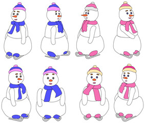 A pretty set of simple snowman drawings dressed in a hat and scarf, a team in various poses with skates. Vector images, you can change the color of the fill. 