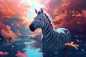 painting style landscape background, a zebra in the forest - obrazy, fototapety, plakaty
