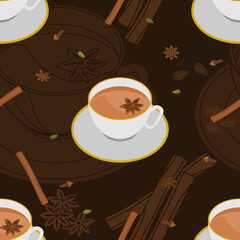 Editable Three-Quarter Top View White Cup Masala Chai with Star Anise Topping and Herb Spices Vector Illustration Seamless Pattern With Dark Background for South Asian Beverages Culture and Tradition