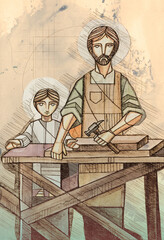 Jesus as child and Saint Joseph working as carpenters