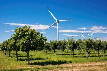 Wind turbines in a green field and bright blue sky.