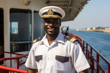 African captain of a ship on the open sea, standing on the deck - obrazy, fototapety, plakaty
