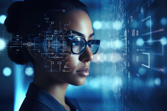 Close up view of beautiful young woman in glasses with futuristic holographic interface to display data