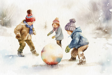 Kids playing outside in winter, painted with watercolor on textured paper. Digital watercolor painting