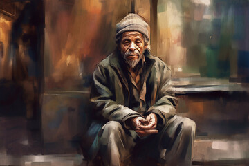 Homeless man on the streets of New York, portrait painted in watercolor on textured paper. Digital Watercolor Painting - obrazy, fototapety, plakaty