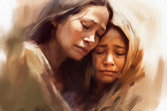 A grieving family, woman embracing her daughter, painted in watercolor on textured paper. Digital Watercolor Painting