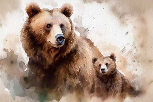 Two bears large and small, a bear with a cub painted in watercolor on textured paper. Digital watercolor painting