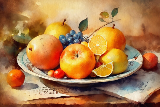 Still life, a plate of fruit on a table, a painting painted in watercolor on textured paper. Digital watercolor painting