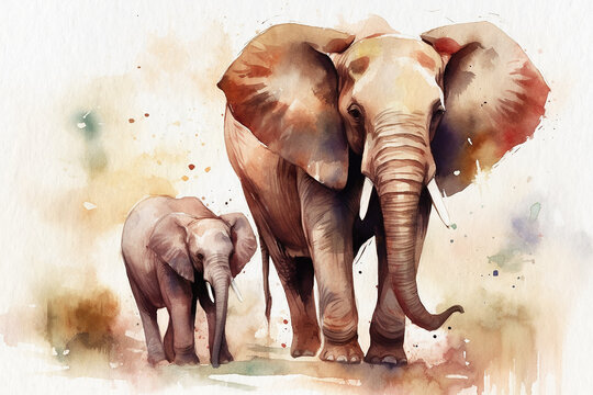 Elephant, big elephant and little elephant walking, painting painted in watercolor on textured paper. Digital watercolor painting