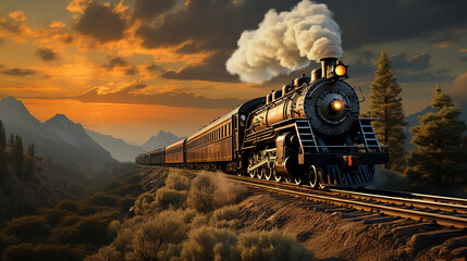 The Massive Steam Locomotive Belches Smoke And Steam As It Chugs Down The Tracks Its Steel Wheels Screeching Against The Rails Background - obrazy, fototapety, plakaty