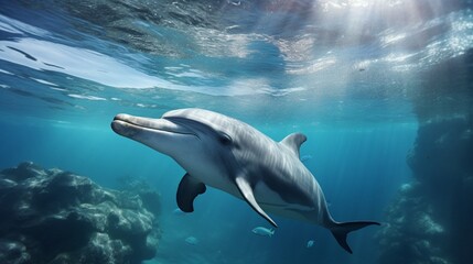 Obraz premium Underwater splitted by waterline postcard template. Bottlenose dolphin swimming under boat