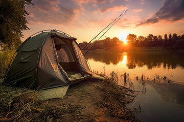 Close up of carp fishing tent and rods in background of lake and beautiful sunset. Lifestyle concept of holiday and hobby.