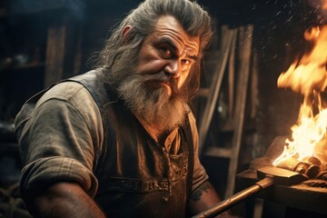 Elderly craftsman, grey-bearded and charismatic, practices the ancient trade with a smile.