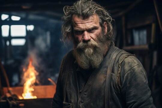 Authentic senior craftsman, beard and mustache, shapes metal in the rustic workshop, a portrait of dedication.