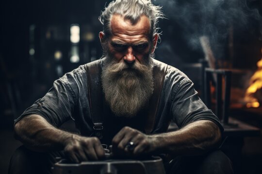 Portrait of an elderly blacksmith in a workshop, mustachioed and present.