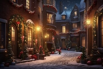 Fototapeta na wymiar Snowfall in the city at night, highlighting Christmas trees, houses, and festive lights.