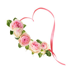 Pink rose flowers with silk ribbon heart in a festive floral arrangement for Valentine Day isolated...