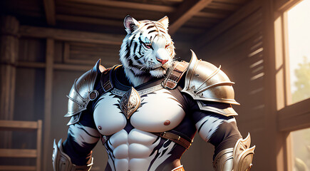 White Tiger Warrior in Armor - obrazy, fototapety, plakaty