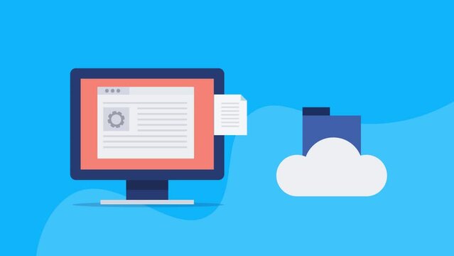 Cloud storage service, secure online folder document on cloud network, internet technology, business solution, video animation clip.