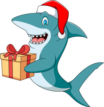 Cute cartoon shark  holding a gift box