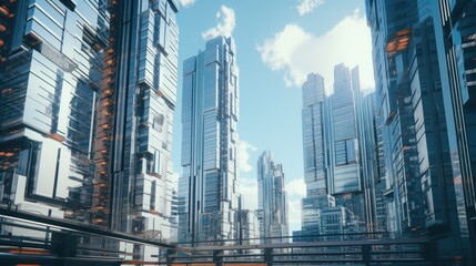 Fototapeta na wymiar Cityscape of the future: uniquely structured skyscrapers in a light-colored urban environment.