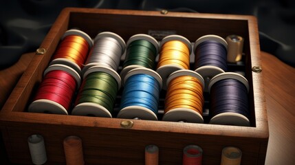 Bright threads in spools, neatly arranged in a box, open up a whole range of creative possibilities. - obrazy, fototapety, plakaty