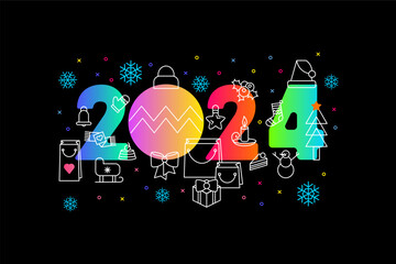 Horizontal Neon Happy 2024 New Year A4 Holiday poster in neon glow colors with 2024 inscription. Template for printing, announcement poster for inviting guests to celebration. Vector on black back