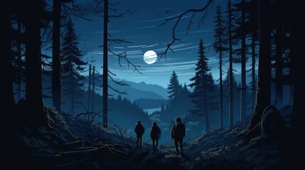 Wilderness artwork: a captivating drawing of explorers surrounded by a moonlit forest.