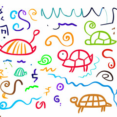Naklejka premium Children's artistic expressions shine in this collection, showcasing a variety of turtle patterns drawn with playful simplicity and adorned with a rainbow of colors.