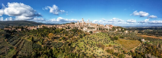 drone panorama view of the Italian hill town of San Gimignano in Tuscany