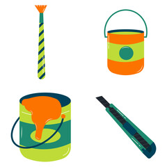 Hand Drawn Art Supplies With Simple Cartoon Shapes. Flat Design. Vector Illustration Collection. 