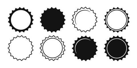 Beer bottle cap icons. Blank label in the shape of aluminum bottle cap. Top view. Soda or beer metal lid. Black and white flat icon. Vector illustration isolated on white background. - 688470544