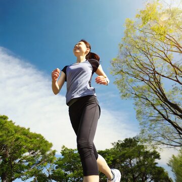 広角で撮られた公園を走る女性のAI画像