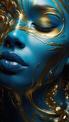 Woman with blue and gold painted face.