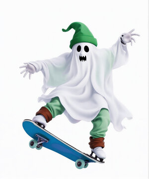 3D render animated cartoon character ghost in white sheet, riding and skating on skateboard with fun, joy and delight