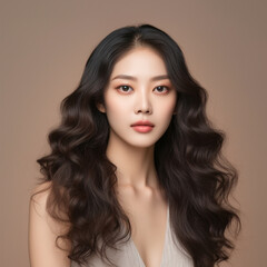 Naklejka premium Young Asian beauty woman curly long hair with korean makeup style touch her face and perfect skin on isolated beige background, ai technology