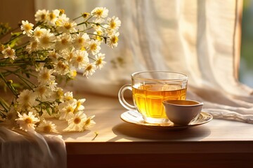 Cup of tea and flowers - obrazy, fototapety, plakaty