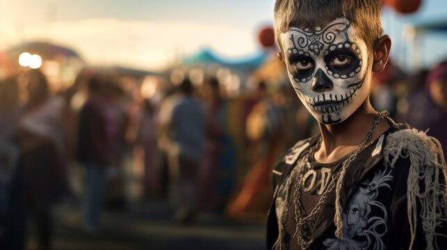 A Mardi Gras nightmare captured in a portrait of a boy with evil sugar skull face paint, embodying fear and horror.