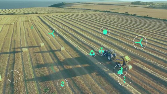 Animation of eco icons and data processing over countryside farm land