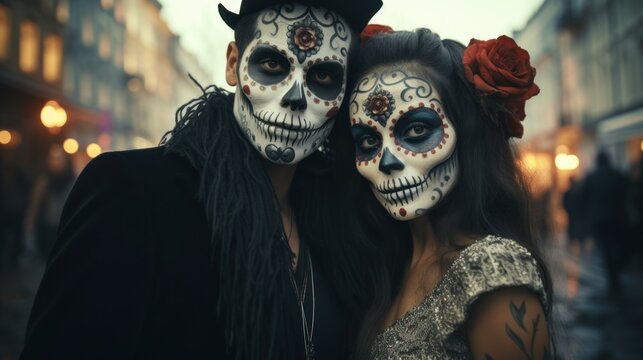 A hauntingly beautiful scene at the Mardi Gras festival: a couple in sugar skull style face paint, capturing the essence of celebration.
