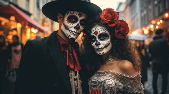 Elegance meets the macabre at Mardi Gras-a couple with sugar skull face paint, a haunting portrayal of festive horror.