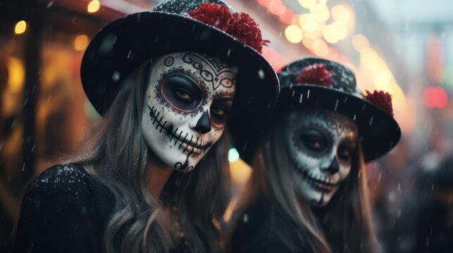 A festive fusion unfolds in a portrait-two girls with sugar skull style makeup, a celebration of love in eerie holiday attire.