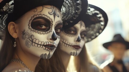 A celebration of love and death-two girls in sugar skull makeup at the Mardi Gras festival, adorned in spooky holiday attire.
