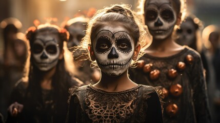 Mardi Gras magic captured-a little girl with sugar skull style makeup, celebrating in a festive Halloween costume.